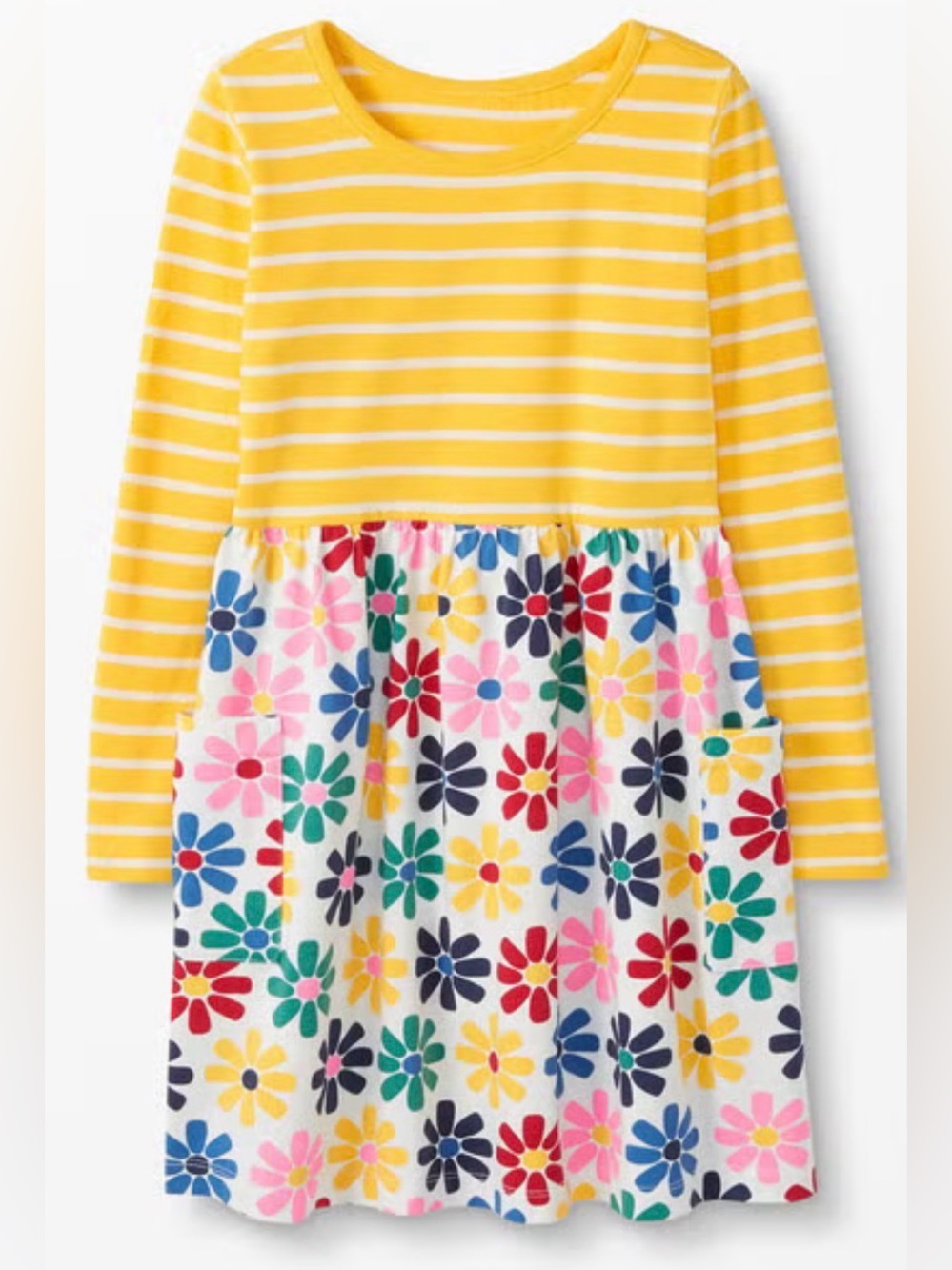 Hanna Andersson Girls 10 Yellow Knit Striped Fit & Flare Dress Pockets Floral